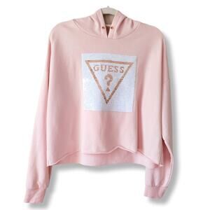 Women GUESS Pink Sequin Logo Cropped Hoodie XL Baddie Street Athleisure Pastel